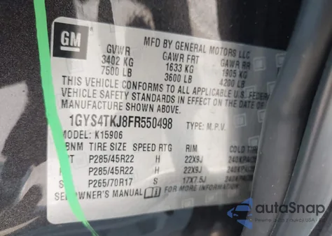 2015 Cadillac Escalade Esv Premium из США, поврежденный, VIN 1GYS4TKJ8FR550498